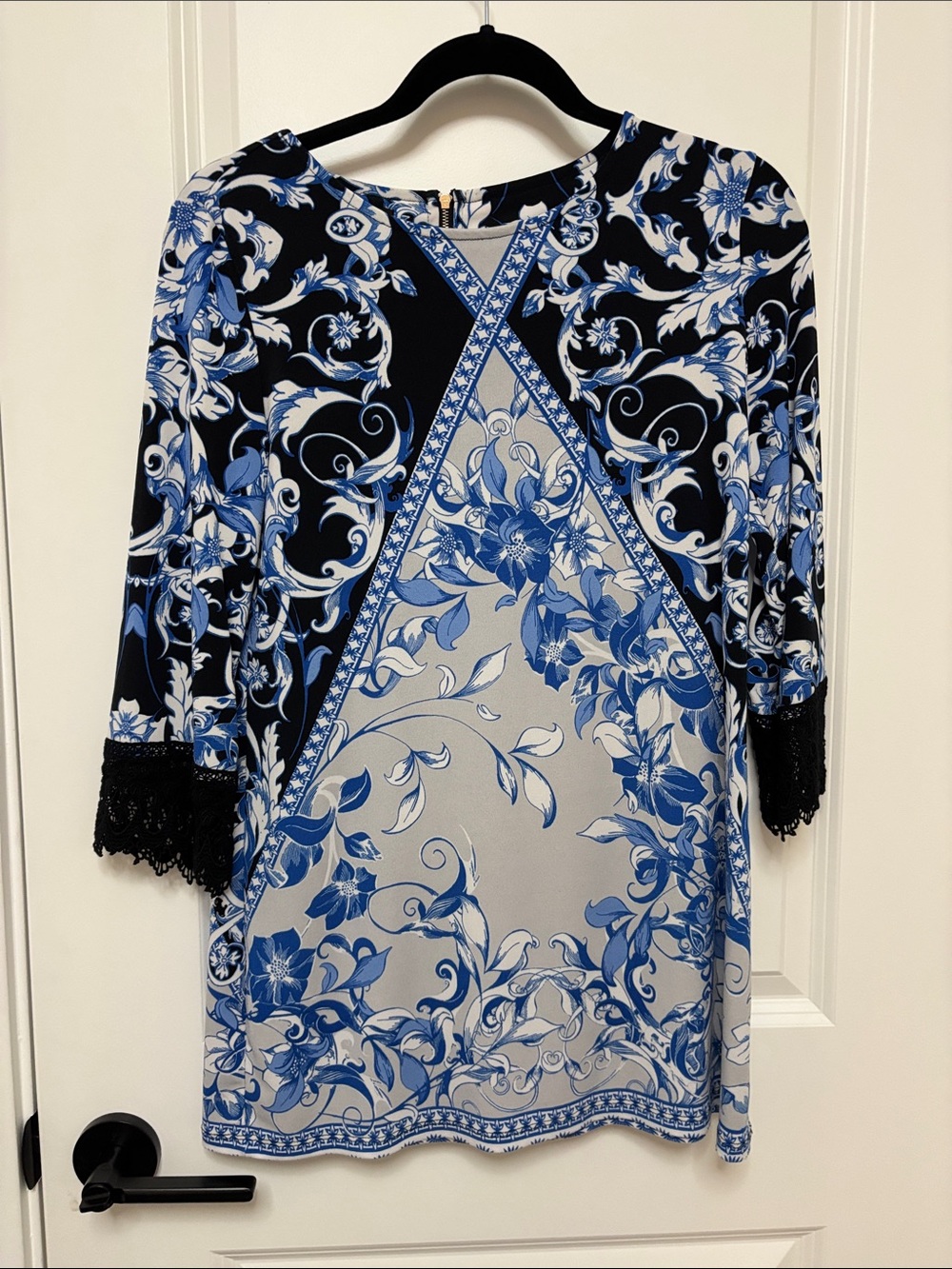 Alfani Blue, Black and Gray Floral Lace-Trim Blouse